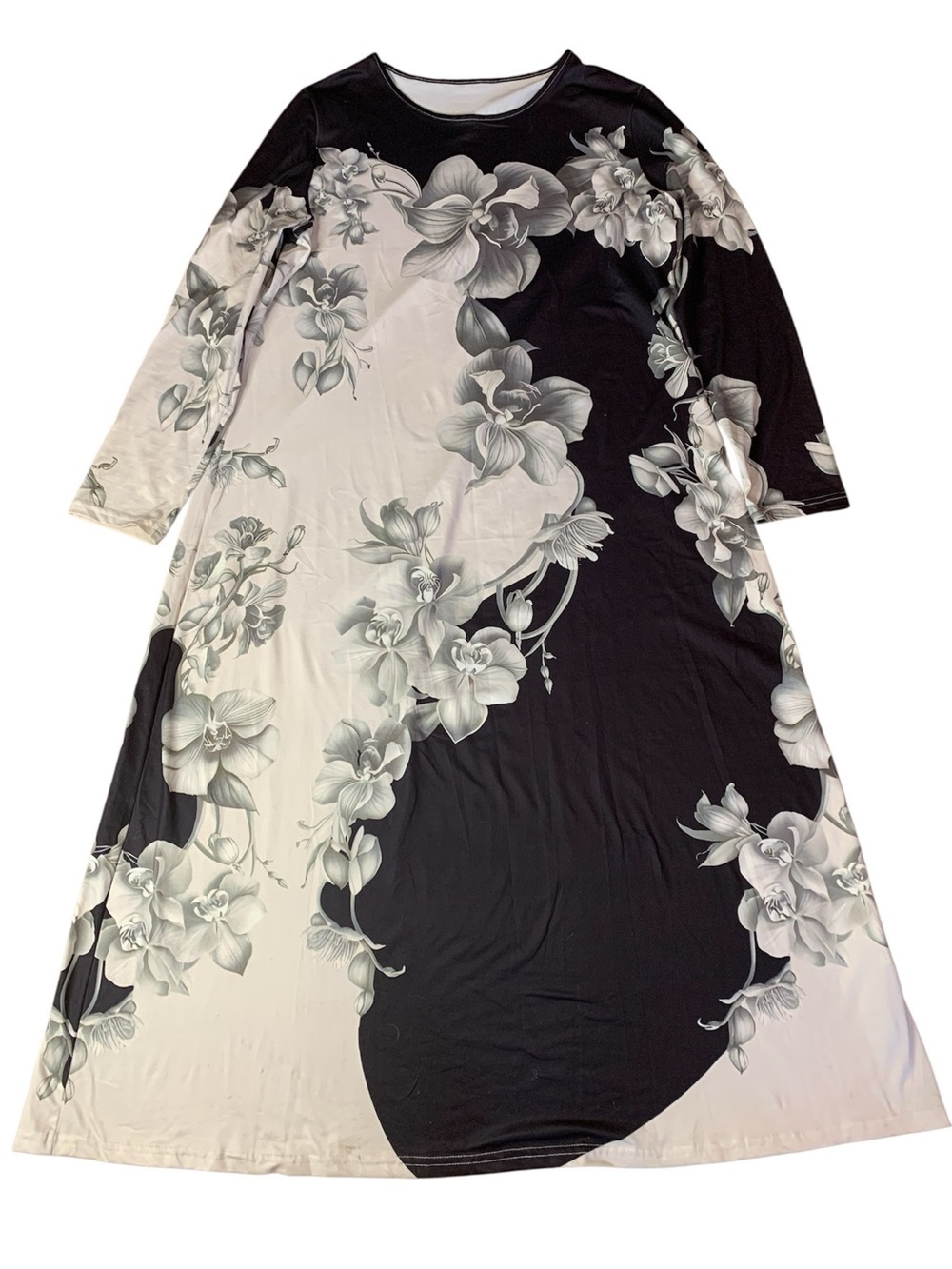 Floral Orchid Print Long Sleeve Maxi Dress Black White XXL